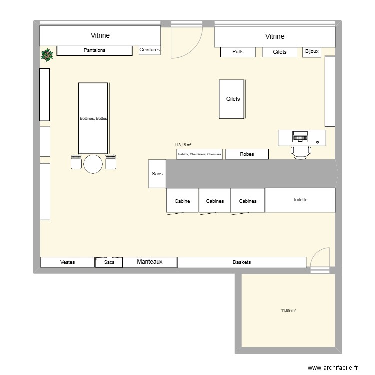 Le Comptoir. Plan de 2 pièces et 125 m2