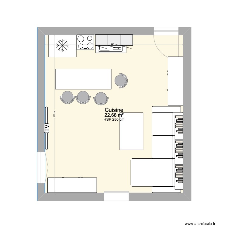 salon séjour cuisine droite. Plan de 1 pièce et 23 m2