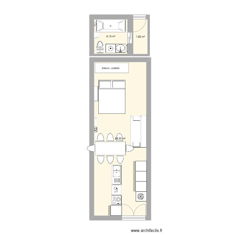 rdc. Plan de 3 pièces et 34 m2