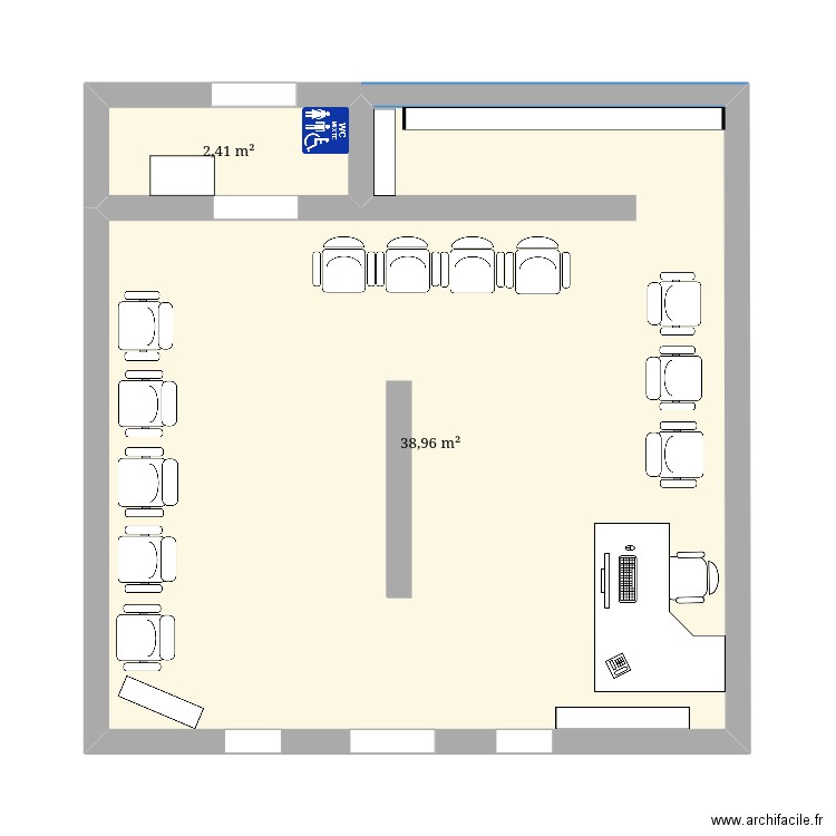 salon coiffure. Plan de 2 pièces et 41 m2