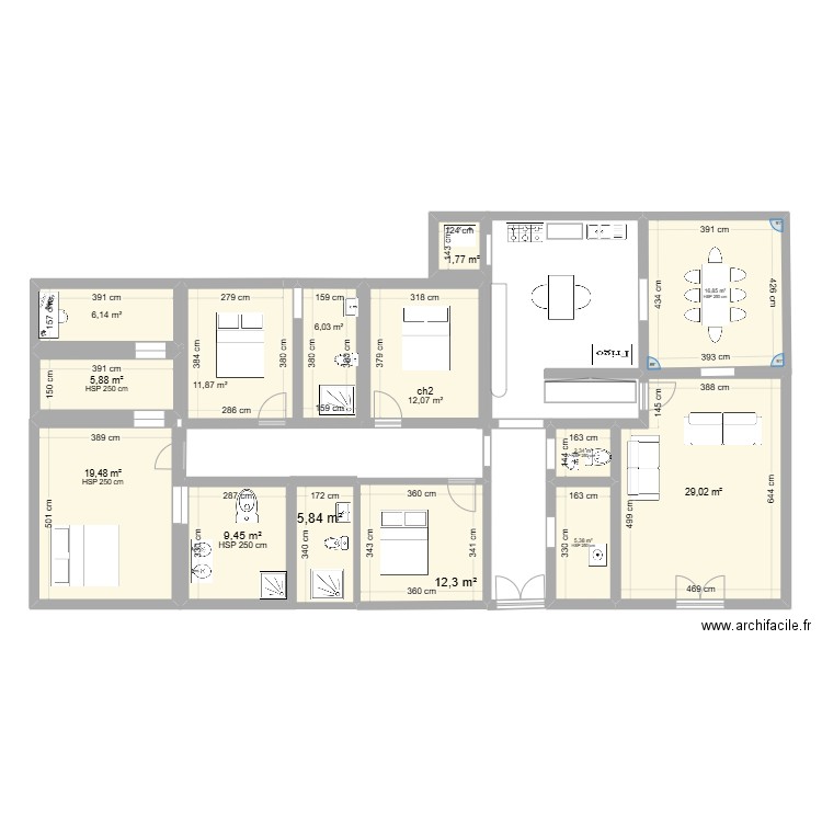 MLyv3. Plan de 14 pièces et 144 m2