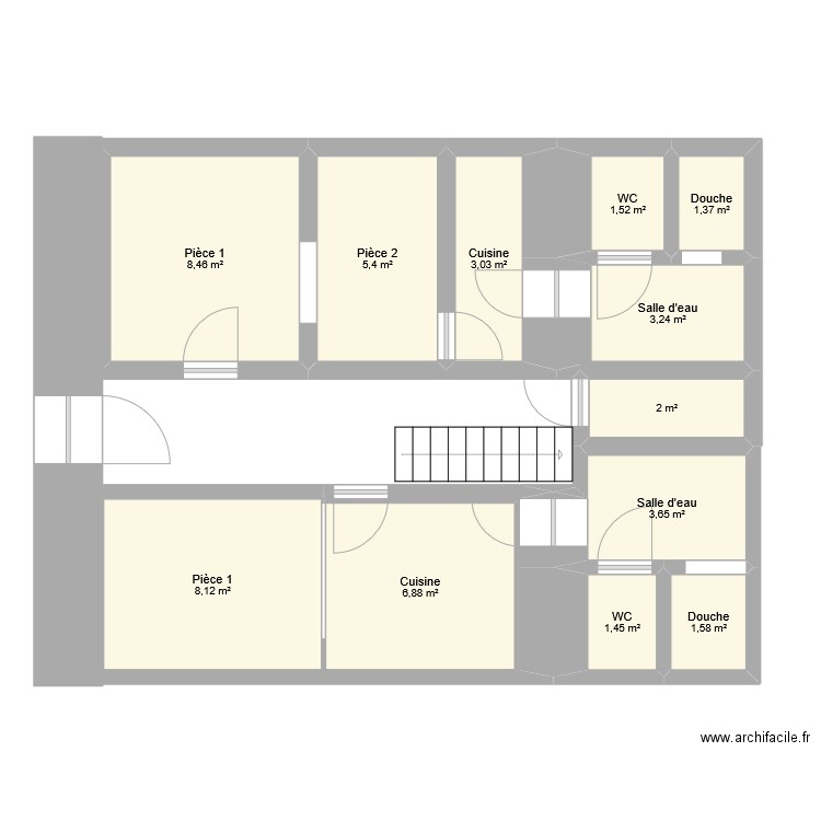 appart Droit. Plan de 12 pièces et 47 m2