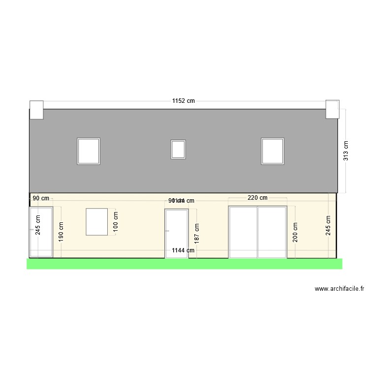 Façade Sud baie vitrée. Plan de 1 pièce et 28 m2