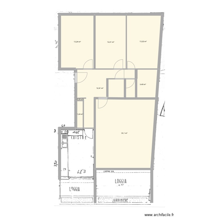 Poucel 1er étage. Plan de 8 pièces et 89 m2