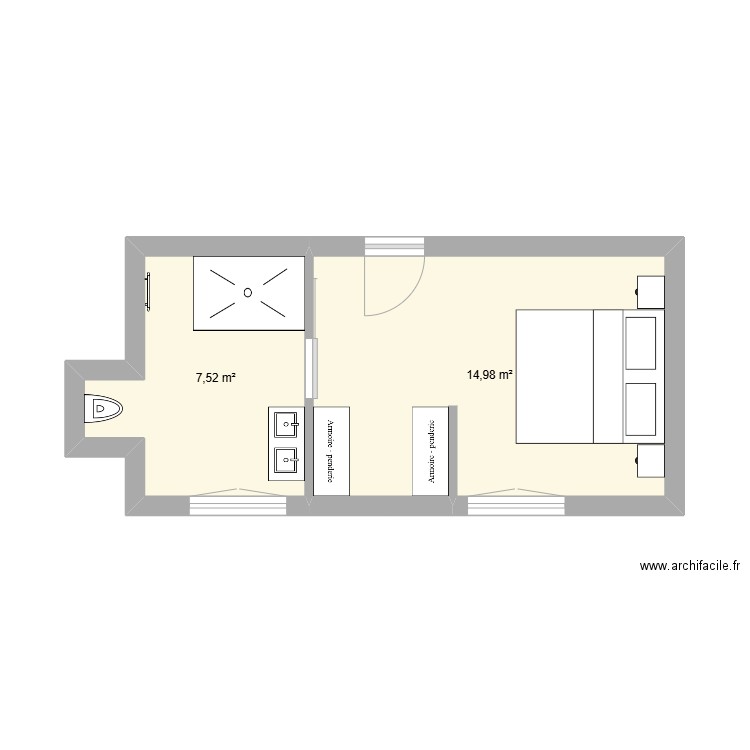 Chambre parentale. Plan de 2 pièces et 23 m2