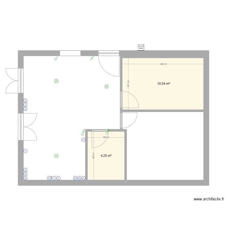 cuisine. Plan de 2 pièces et 14 m2