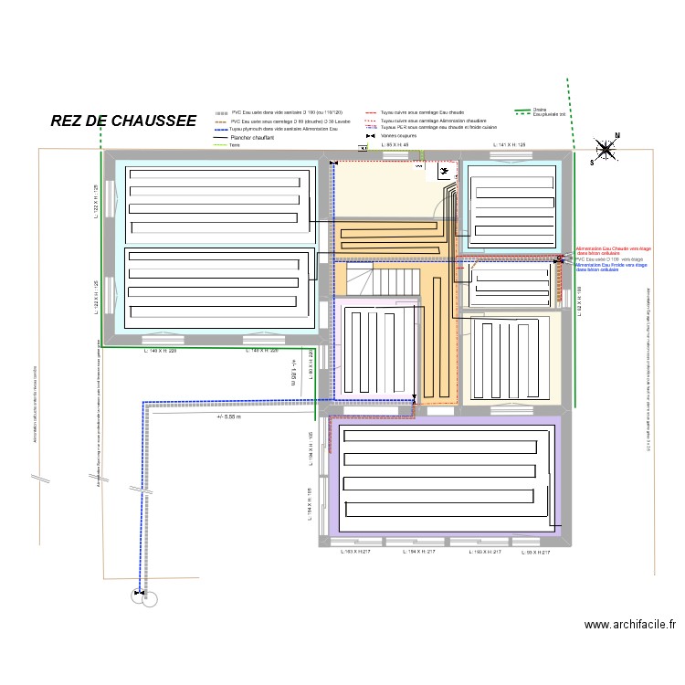 REZ DE CHAUSSEE Reseaux Eaux. Plan de 8 pièces et 128 m2