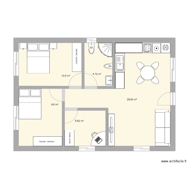 T2+1. Plan de 5 pièces et 57 m2