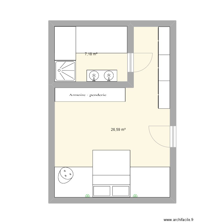 Chambre-SDD (grenier) v2. Plan de 2 pièces et 34 m2