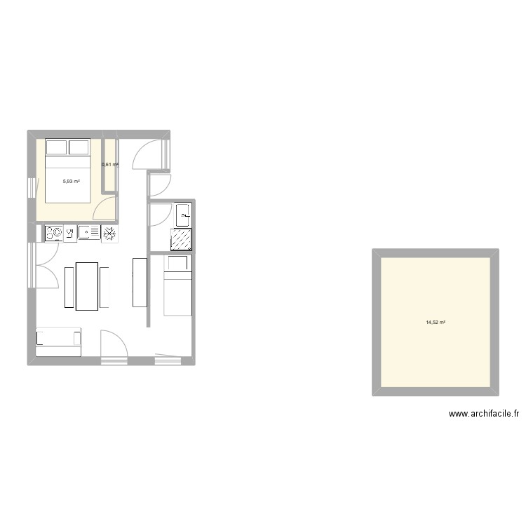 Parpaillon aménagé. Plan de 3 pièces et 21 m2