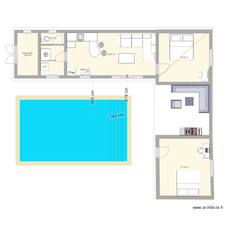 Extension en L. Plan de 6 pièces et 65 m2