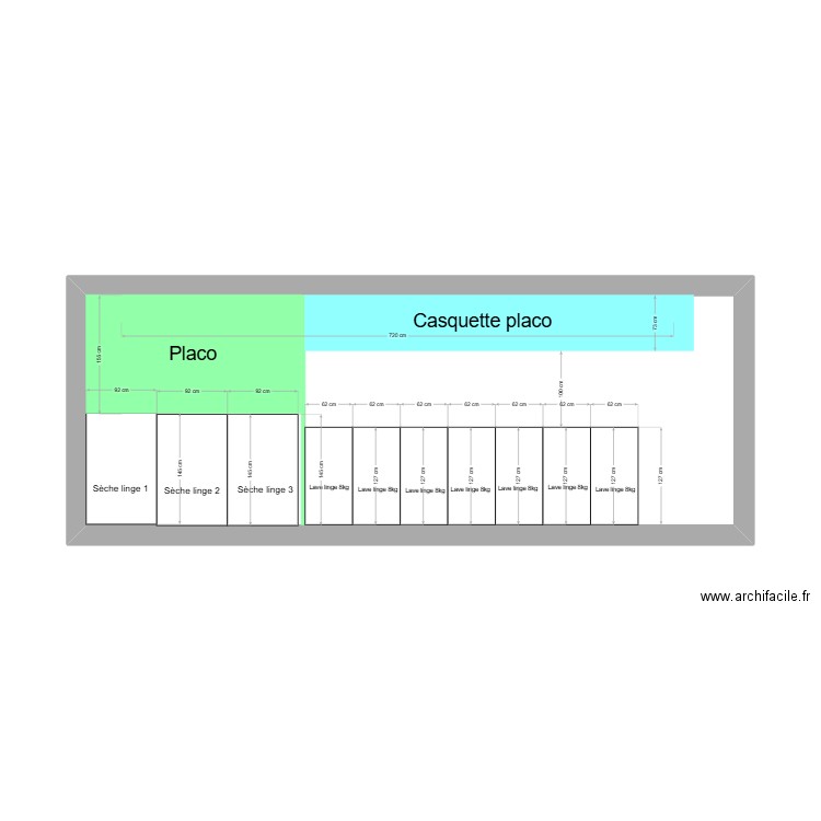 Plan vu face seche linge  machine local Valras plage . Plan de 1 pièce et 25 m2