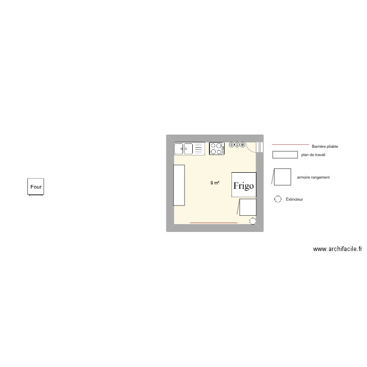 cuisine. Plan de 1 pièce et 9 m2