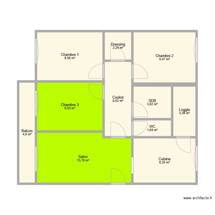 TESSST. Plan de 11 pièces et 73 m2