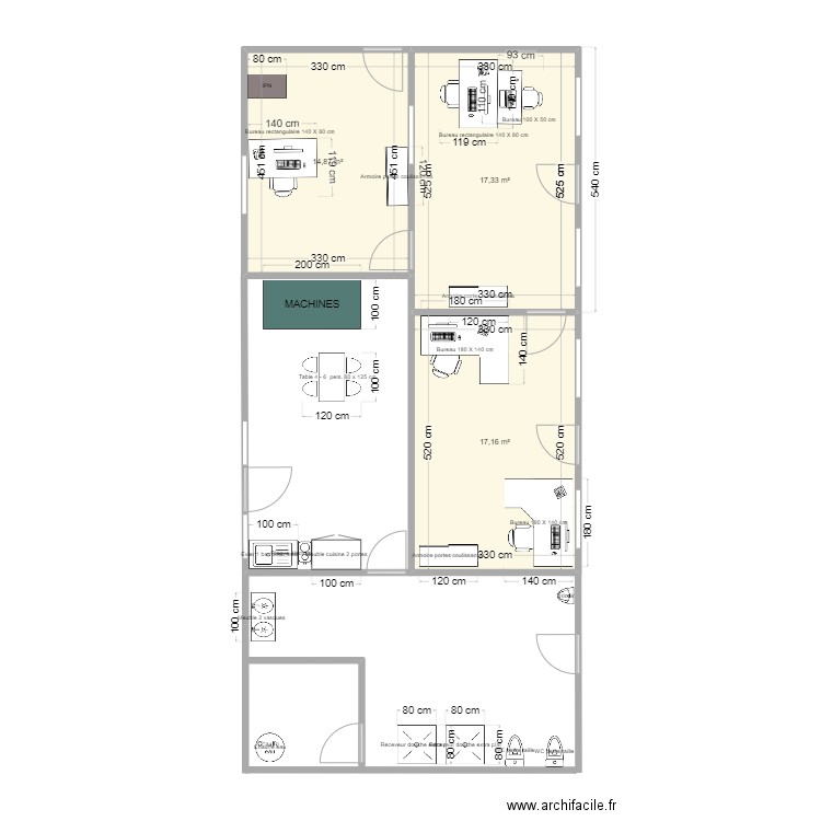 BUREAUX. Plan de 3 pièces et 49 m2