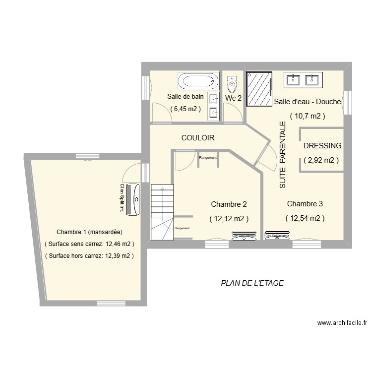 ETAGE-Carle. Plan de 2 pièces et 80 m2