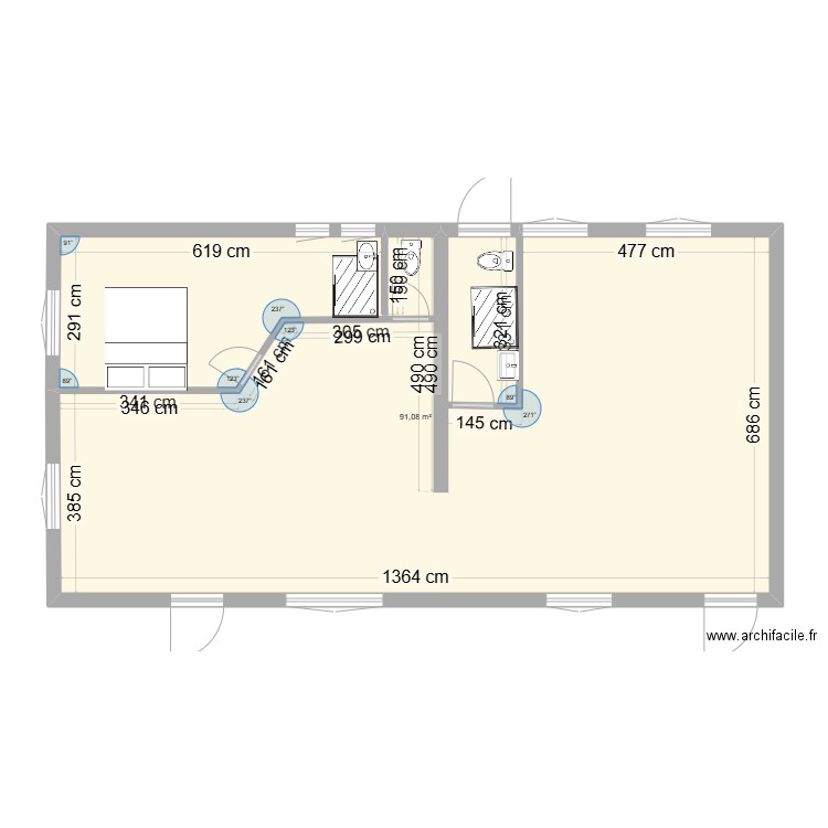 Plan de base Propàsition 1. Plan de 1 pièce et 91 m2