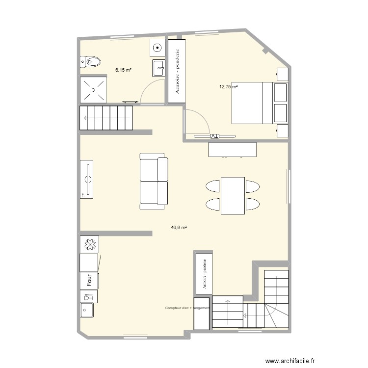 Etage3. Plan de 3 pièces et 66 m2