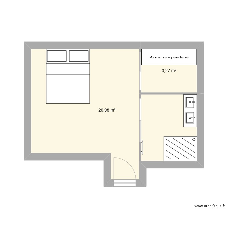 chambre 3 avec dressing et lit 160. Plan de 2 pièces et 24 m2