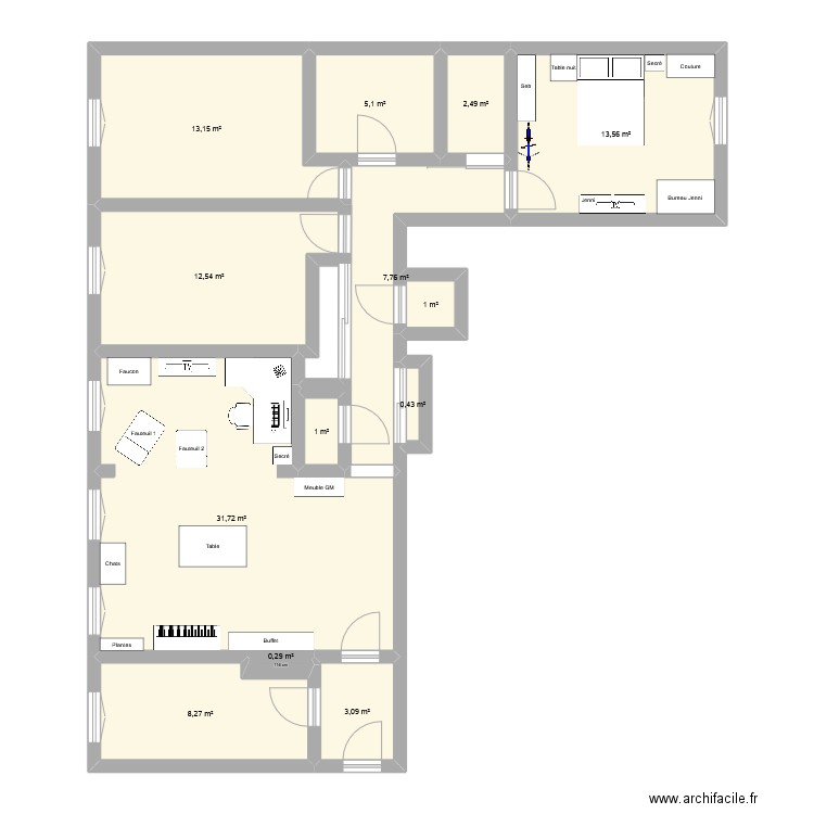 Appart ammeublement suite. Plan de 13 pièces et 100 m2