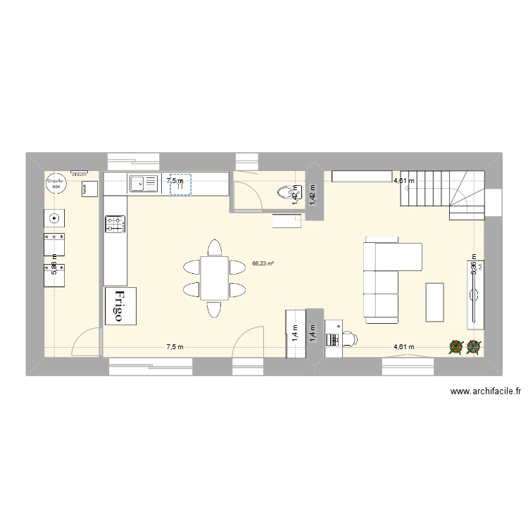 rez de chausser. Plan de 1 pièce et 66 m2