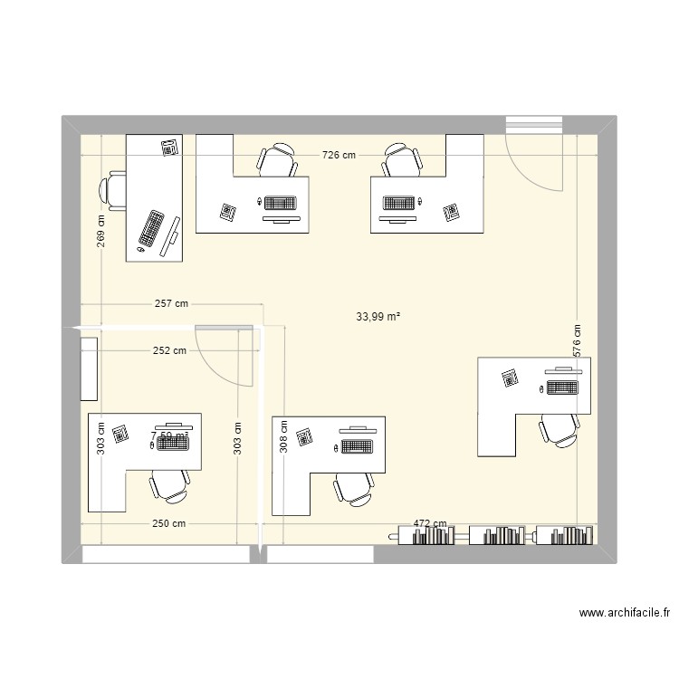 Bureau 1. Plan de 2 pièces et 42 m2