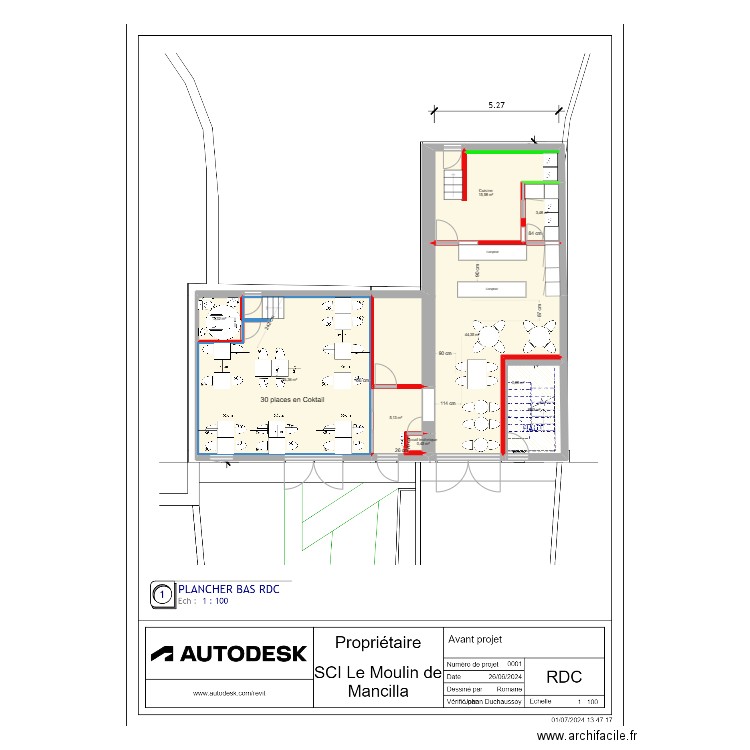 Projet restaurant classique apres travaux 28P. Plan de 9 pièces et 125 m2