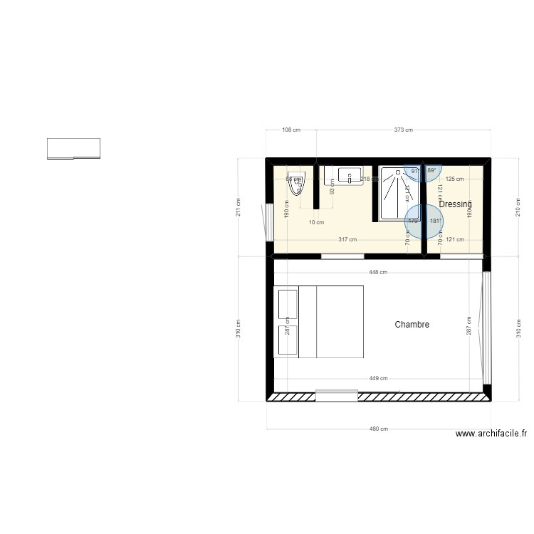 PLAN SUITE PARENTALE 2. Plan de 3 pièces et 21 m2