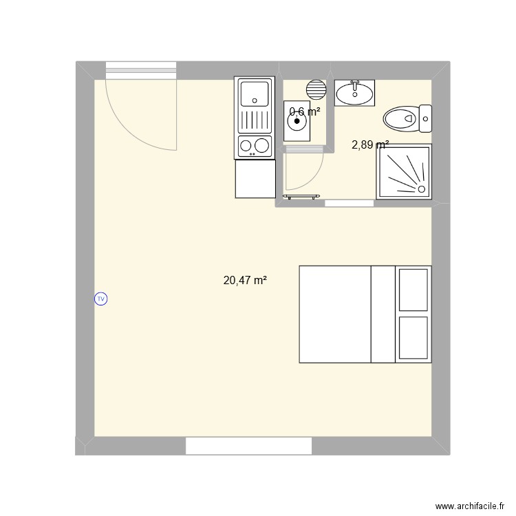 DENEUX APT22. Plan de 3 pièces et 24 m2