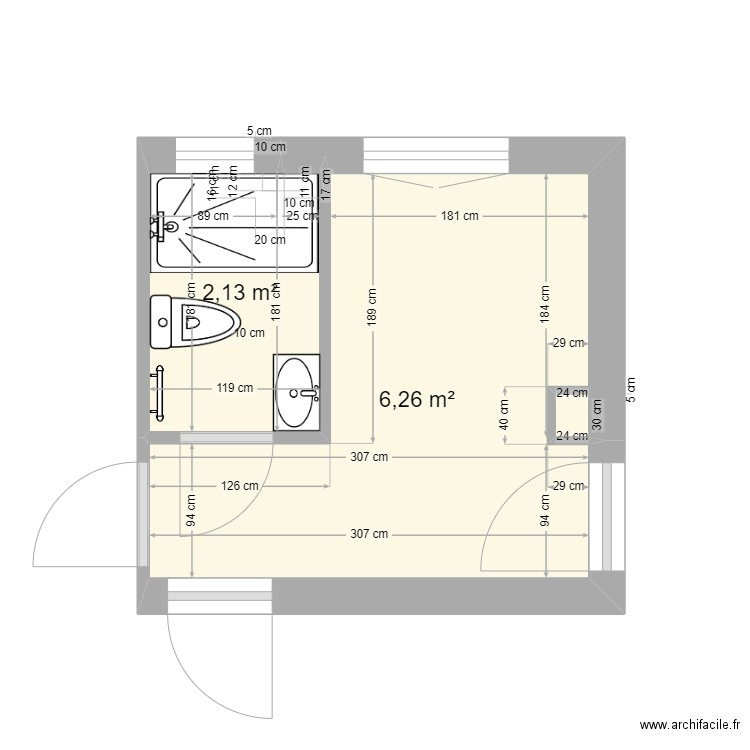 SDB- cuisine cloisonnement modifié, 50 Strasbourg. Plan de 2 pièces et 8 m2