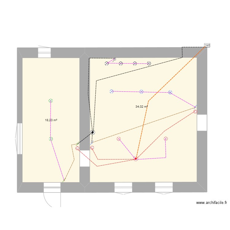 rez de chausser cuisine et arrière cuisine éclairage. Plan de 2 pièces et 52 m2