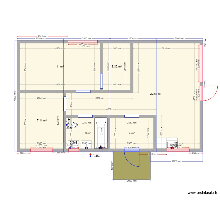 Чехов. Plan de 7 pièces et 54 m2