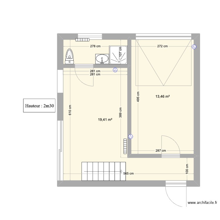 Garage aménagé bis. Plan de 2 pièces et 33 m2