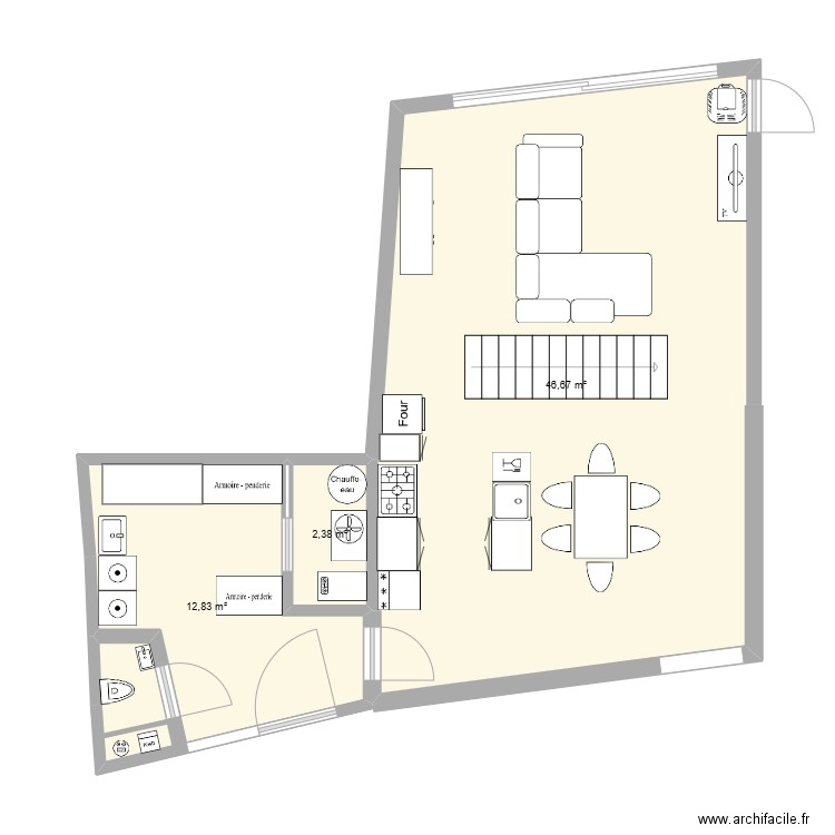 RDC. Plan de 3 pièces et 62 m2