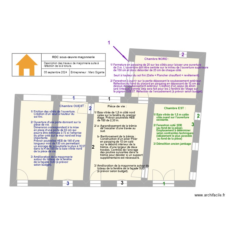 Rez-de-chaussée descriptif travaux maçonnerie sous-œuvre. Plan de 5 pièces et 101 m2