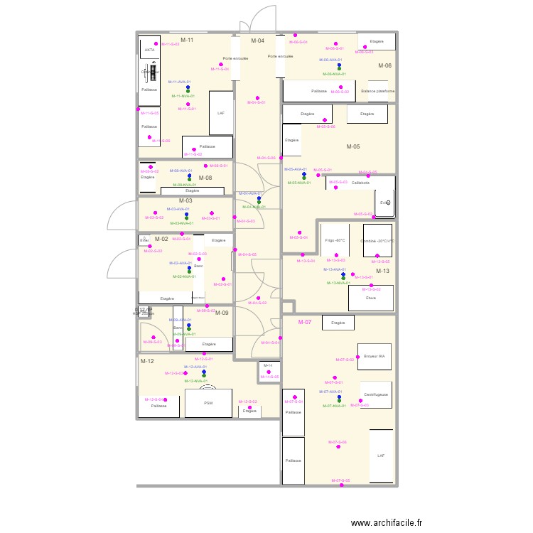 Plan de prélèvement EM. Plan de 14 pièces et 100 m2