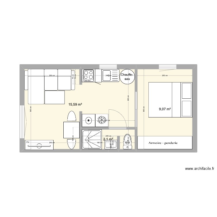 T2 27m2 Test 1. Plan de 3 pièces et 27 m2