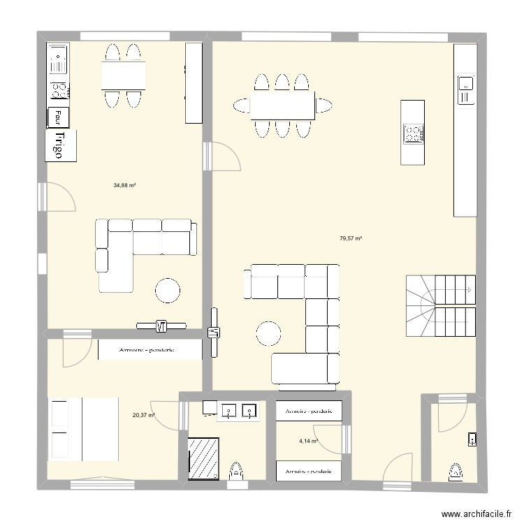 Rez de chaussée. Plan de 4 pièces et 139 m2