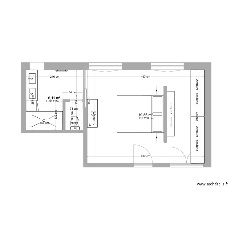 CHAMBRE. Plan de 2 pièces et 26 m2