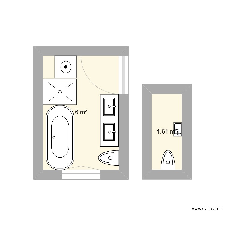 SDB . Plan de 2 pièces et 8 m2