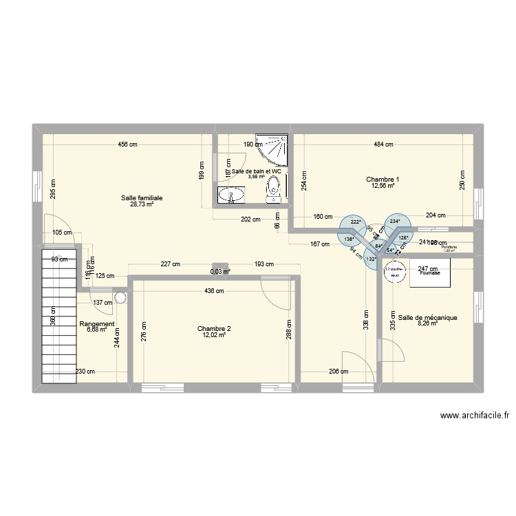 sous sol aménagé. Plan de 8 pièces et 73 m2