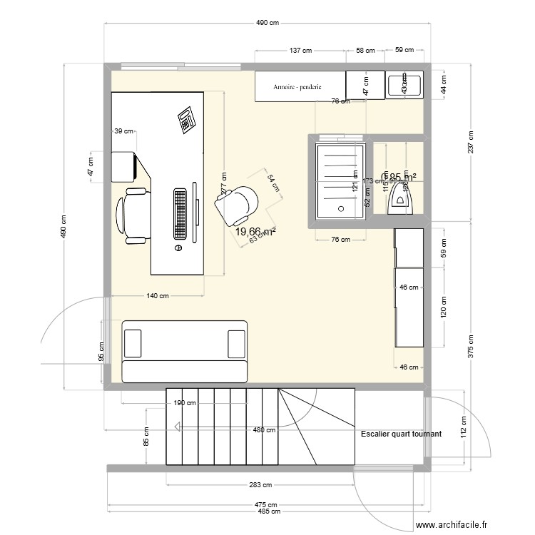 office véro. Plan de 2 pièces et 21 m2