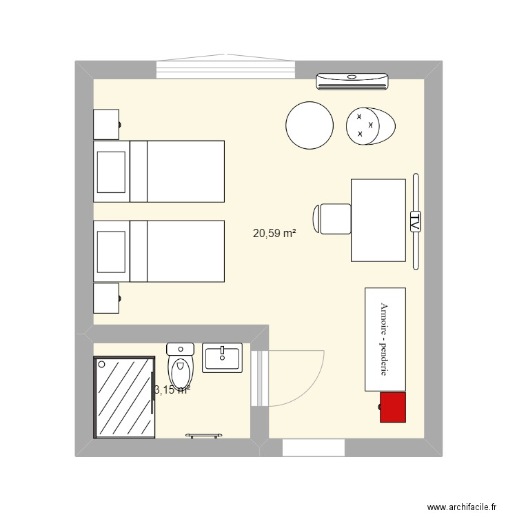 Chambre twin standard. Plan de 2 pièces et 24 m2