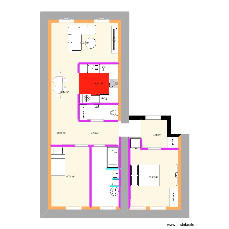 T3 1er etage. Plan de 8 pièces et 56 m2