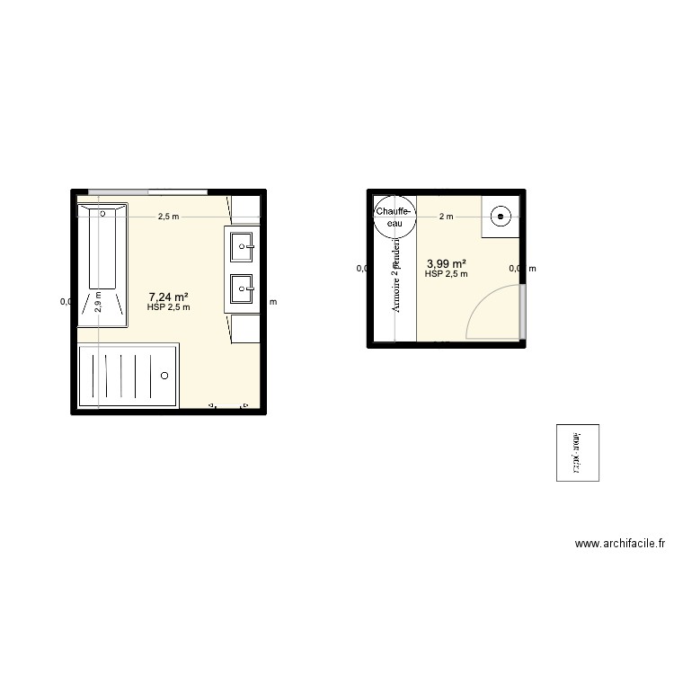 Salle de Bain. Plan de 2 pièces et 11 m2