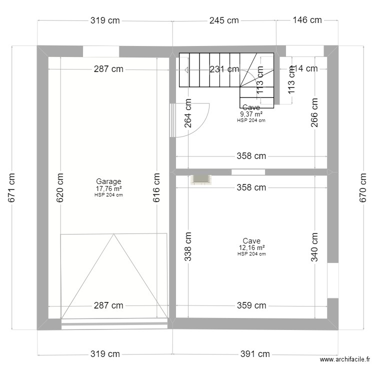 plan Sous-sol mesures. Plan de 3 pièces et 39 m2