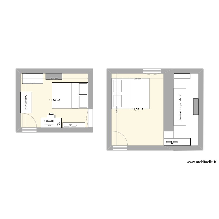 Chambres. Plan de 2 pièces et 23 m2