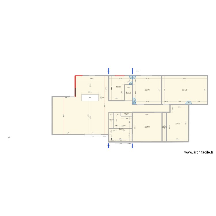 Matrice de Base Sans Casse porteur jute mur cuisine. Plan de 10 pièces et 74 m2