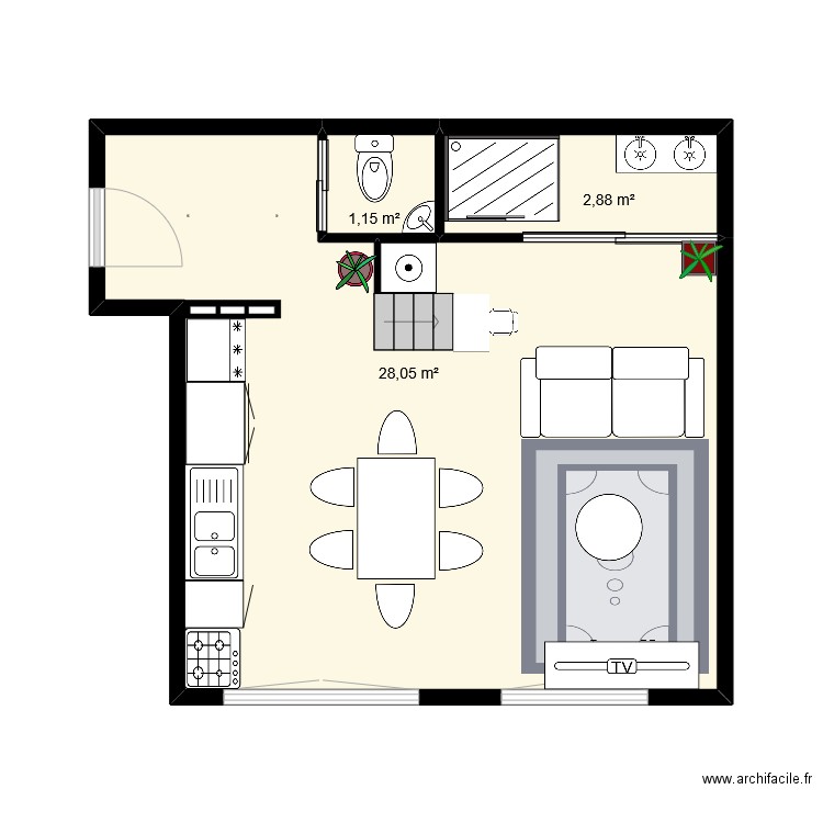 mezza. Plan de 3 pièces et 32 m2