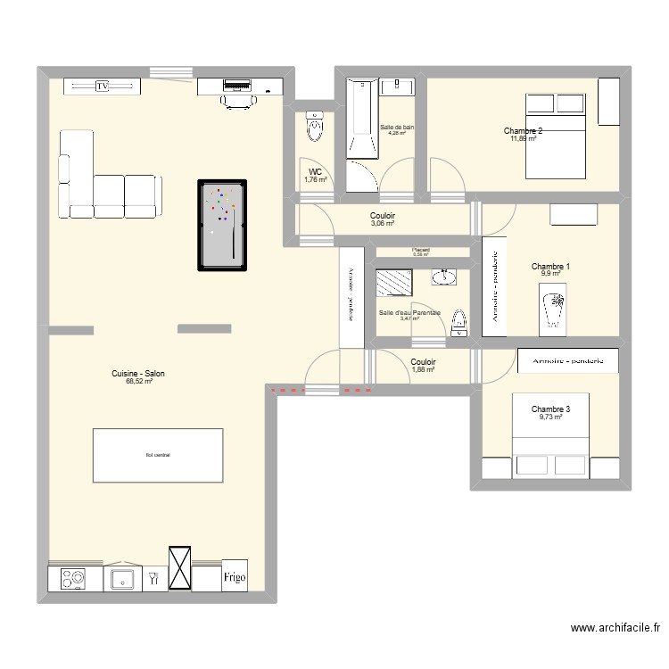 Appart 118m2. Plan de 10 pièces et 115 m2